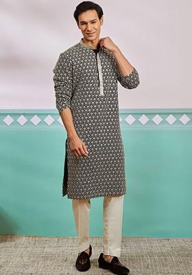 Black Ethnic Motifs Poly Blend Kurta Set For Men