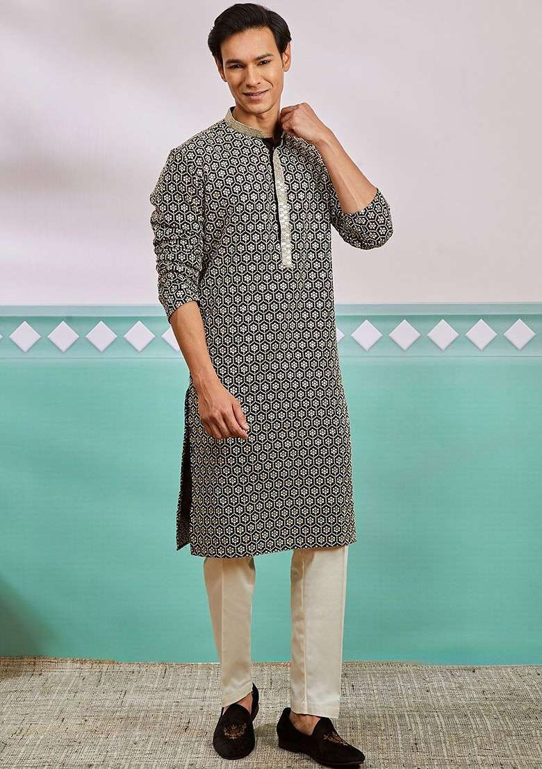 Black Ethnic Motifs Poly Blend Kurta Set For Men - Indya