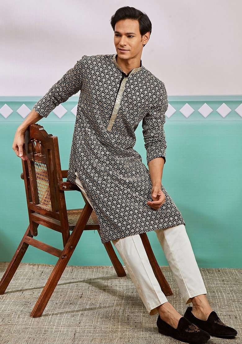 Black Ethnic Motifs Poly Blend Kurta Set For Men - Indya