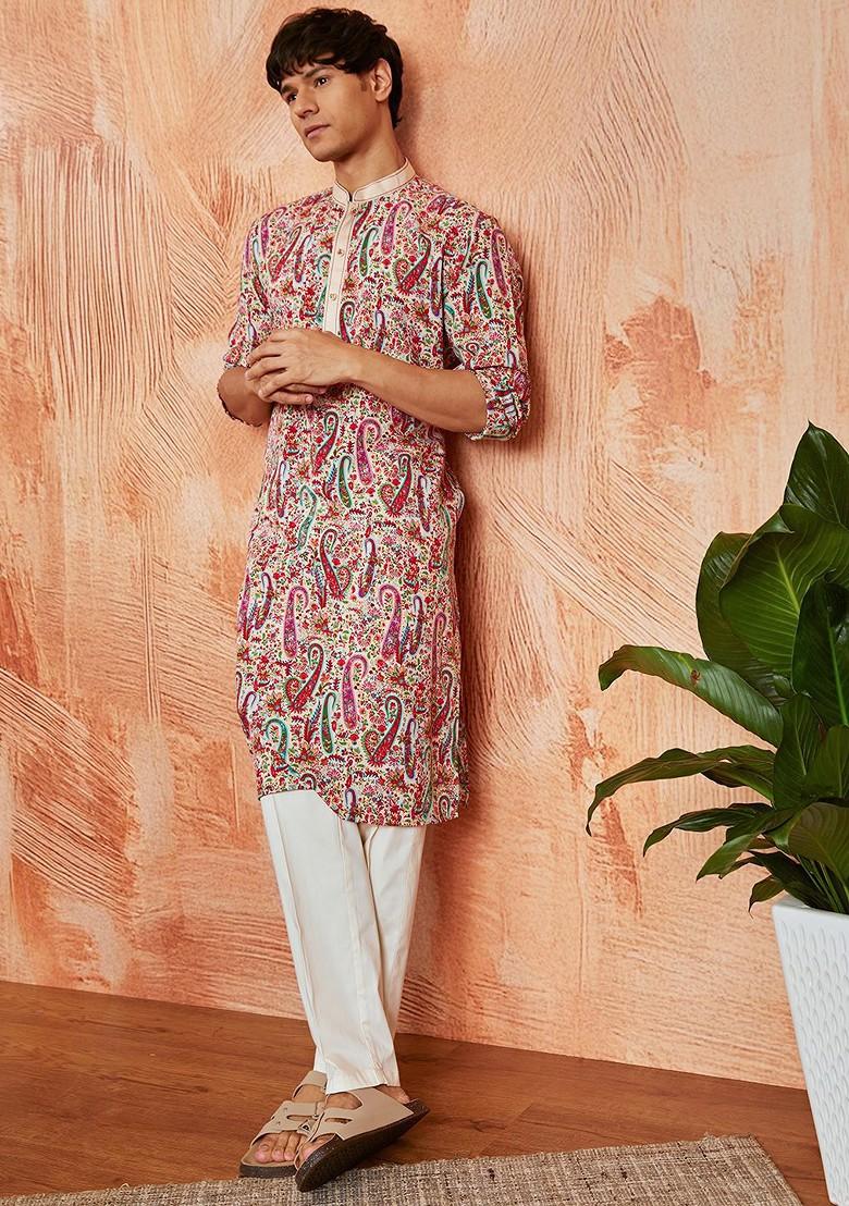 Cream Ethnic Motifs Poly Blend Kurta Set For Men