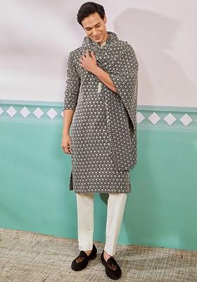 Black Ethnic Motifs Poly Blend Kurta Set For Men