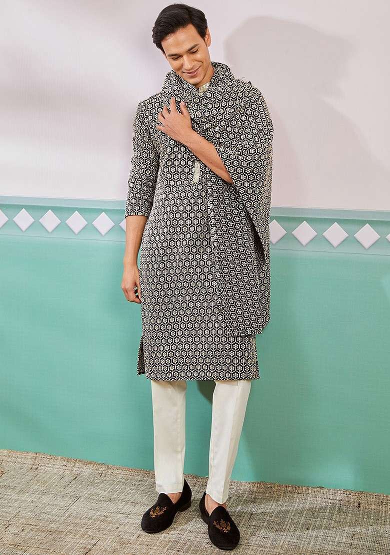 Black Ethnic Motifs Poly Blend Kurta Set For Men - Indya