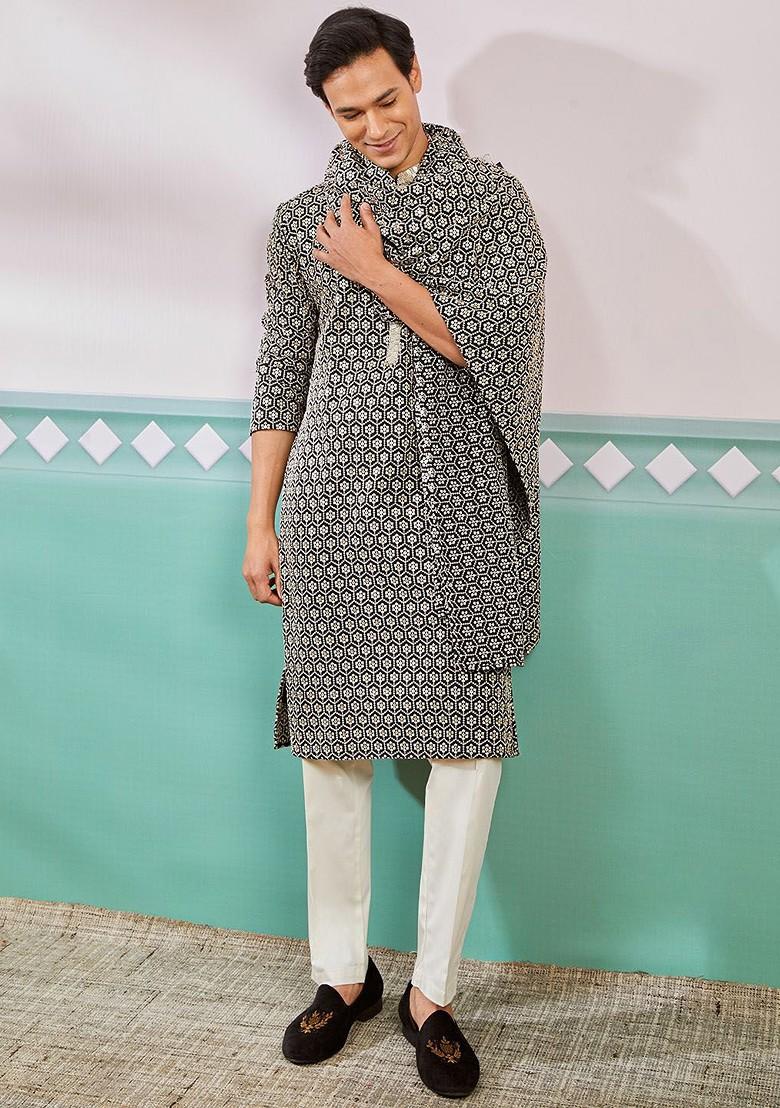 Black Ethnic Motifs Poly Blend Kurta Set For Men