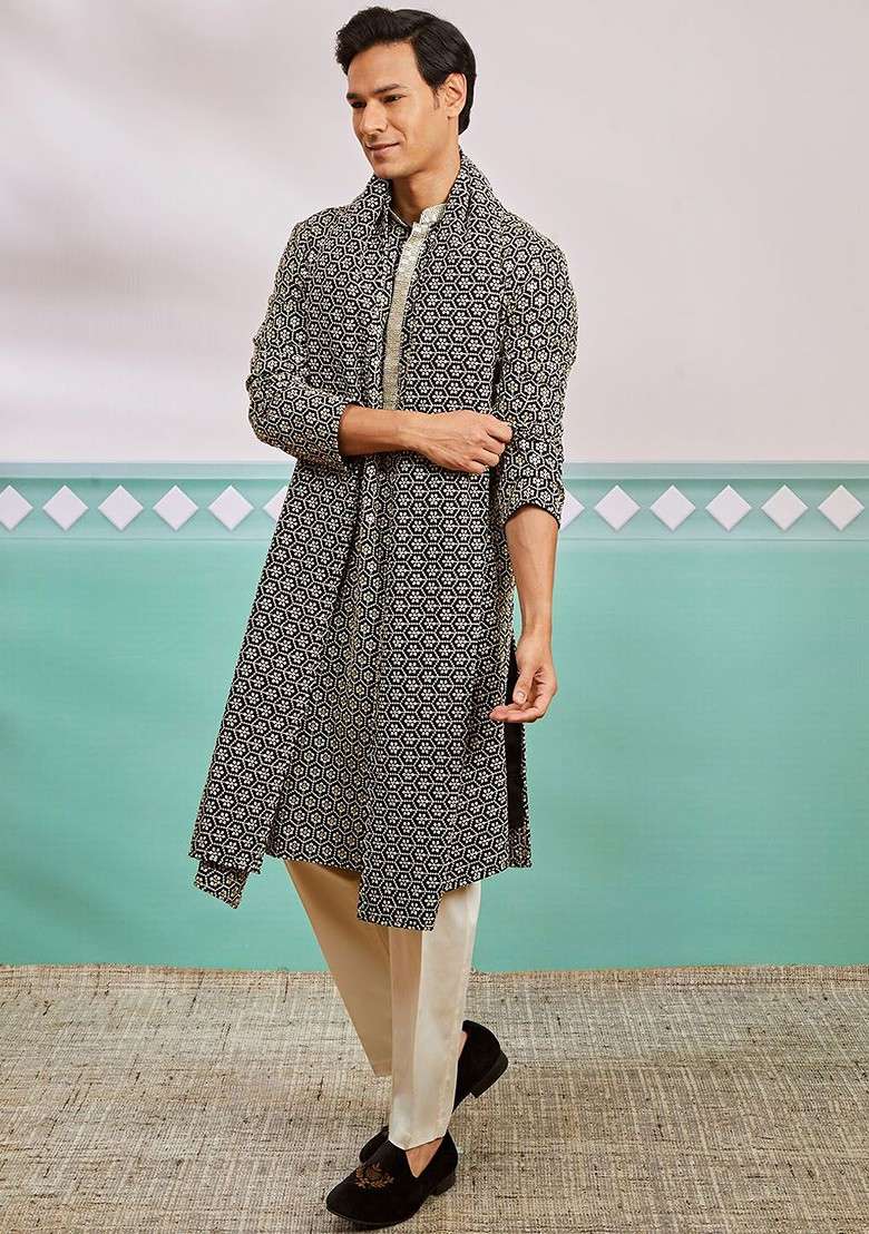 Black Ethnic Motifs Poly Blend Kurta Set For Men - Indya
