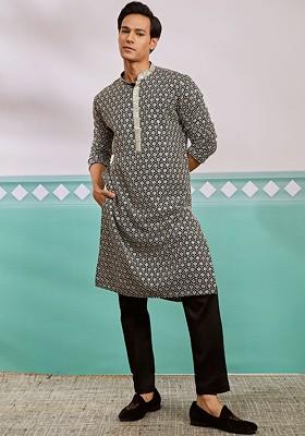 Black Ethnic Motifs Poly Blend Kurta Set For Men