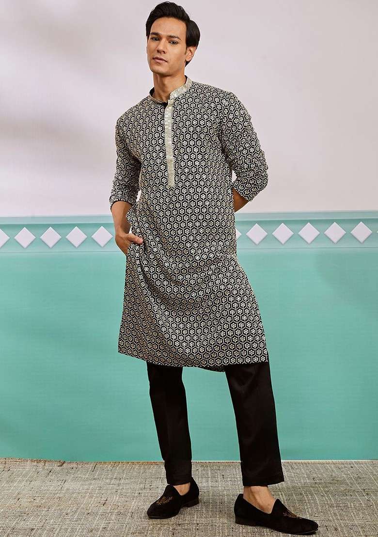 Black Ethnic Motifs Poly Blend Kurta Set For Men - Indya