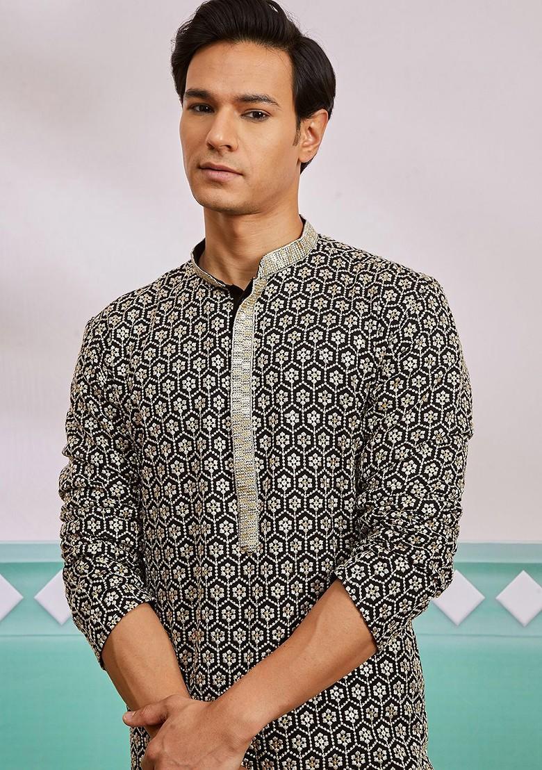 Black Ethnic Motifs Poly Blend Kurta Set For Men