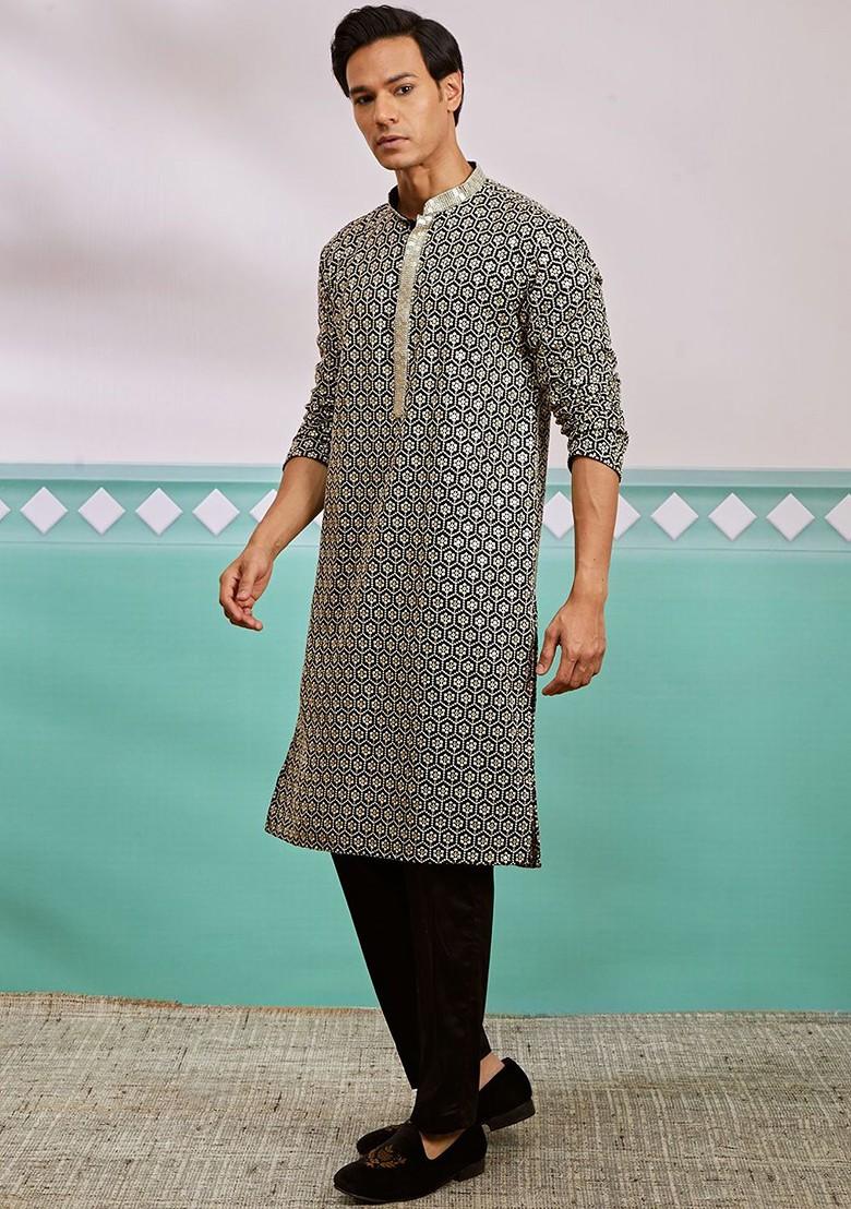 Black Ethnic Motifs Poly Blend Kurta Set For Men