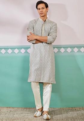 Grey Ethnic Motifs Poly Blend Kurta Set For Men