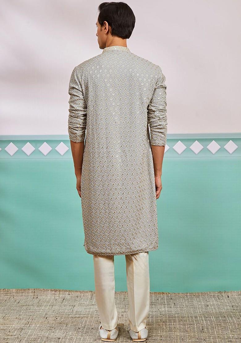 Grey Ethnic Motifs Poly Blend Kurta Set For Men