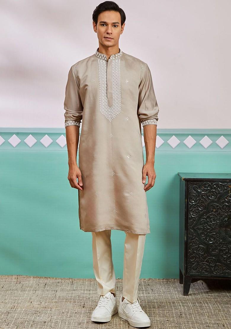 Grey Ethnic Motifs Poly Blend Kurta Set For Men