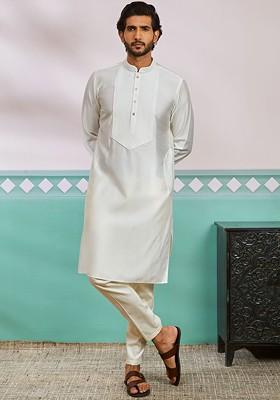 White Thread Work Poly Blend Kurta Set For Men