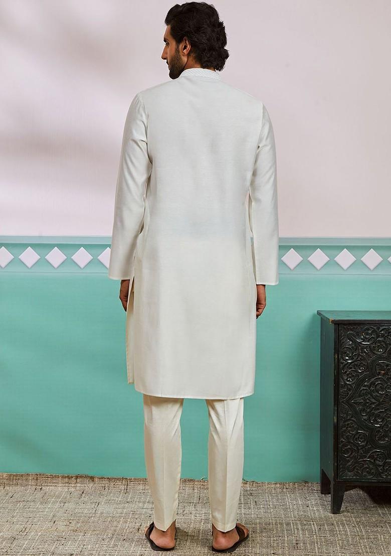 White Thread Work Poly Blend Kurta Set For Men