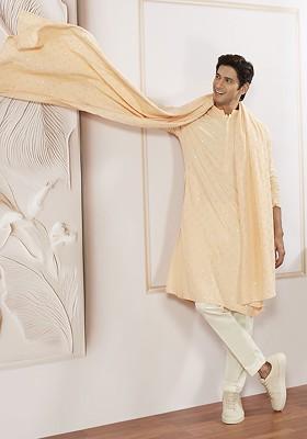 Peach Embroidered Poly Blend Kurta Set For Men