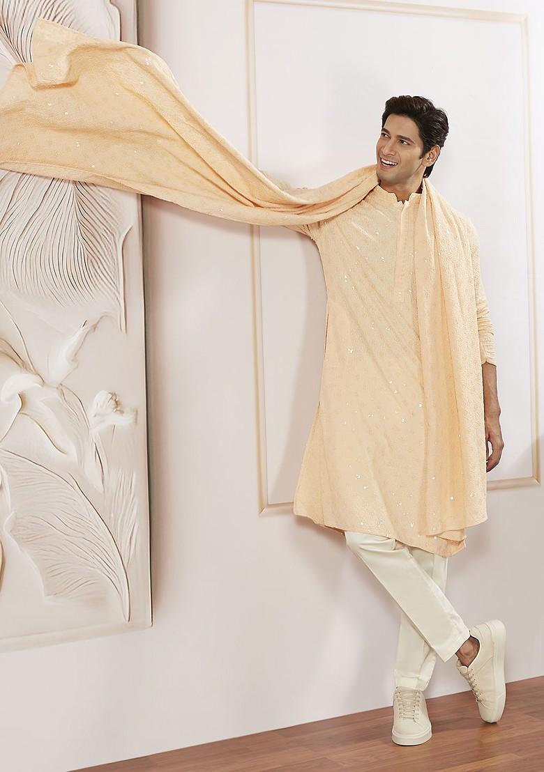 Peach Embroidered Poly Blend Kurta Set For Men