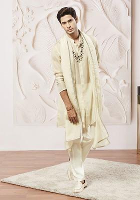 Beige Solid Poly Blend Kurta Set For Men