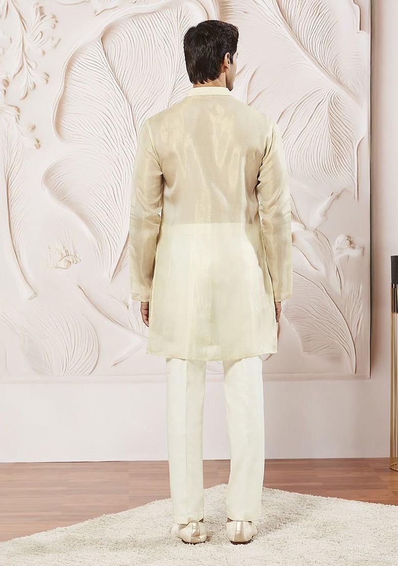 Beige Solid Poly Blend Kurta Set For Men