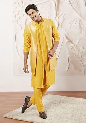 Mustard Solid Poly Blend Kurta Set For Men