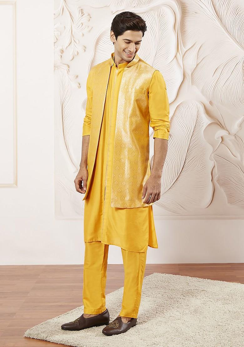 Mustard Solid Poly Blend Kurta Set For Men