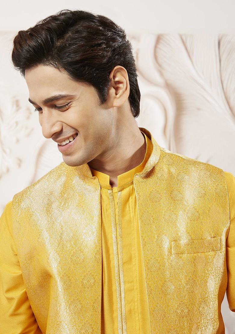 Mustard Solid Poly Blend Kurta Set For Men
