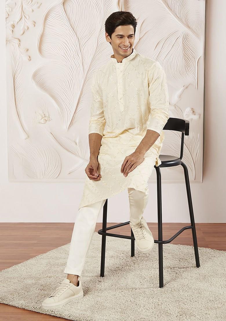 Cream Embroidered Poly Blend Kurta Set For Men