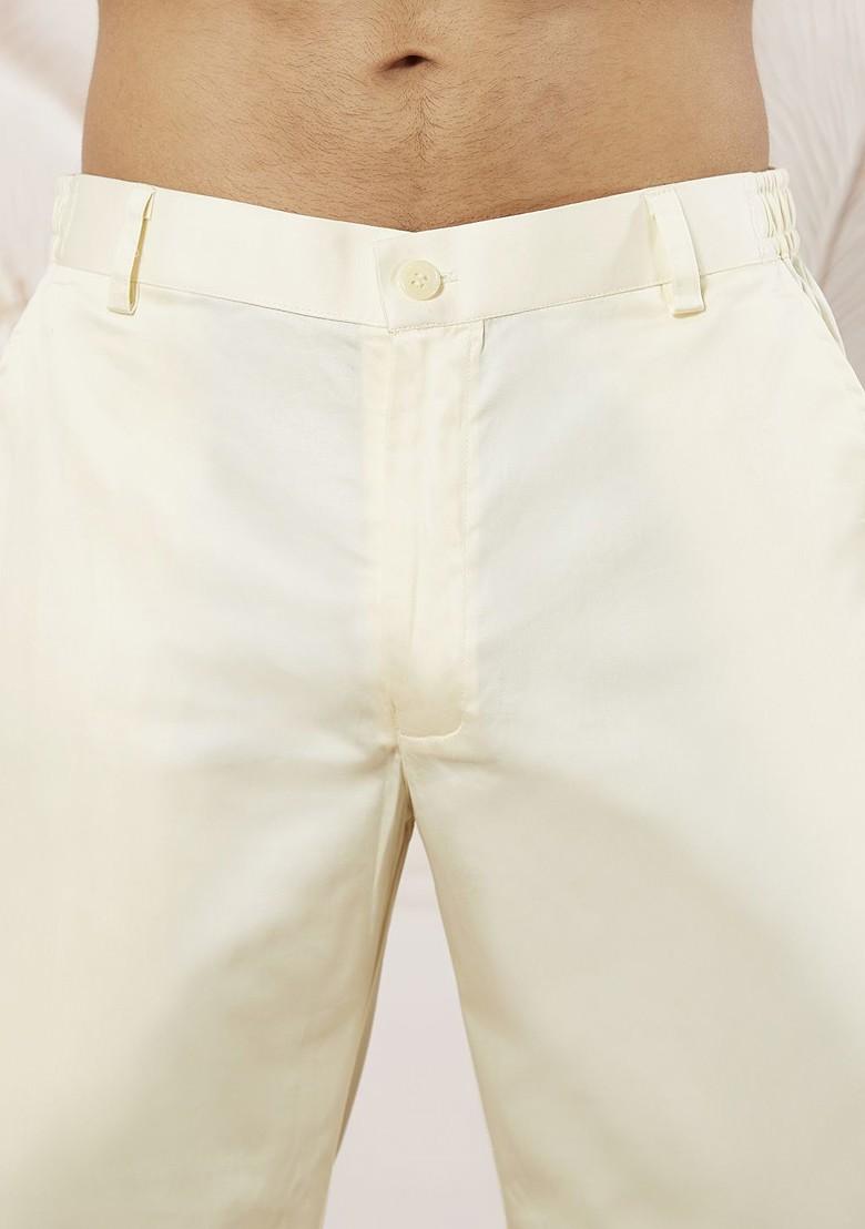 Cream Embroidered Poly Blend Kurta Set For Men