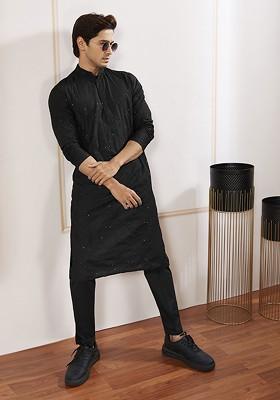 Black Embroidered Poly Blend Kurta Set For Men