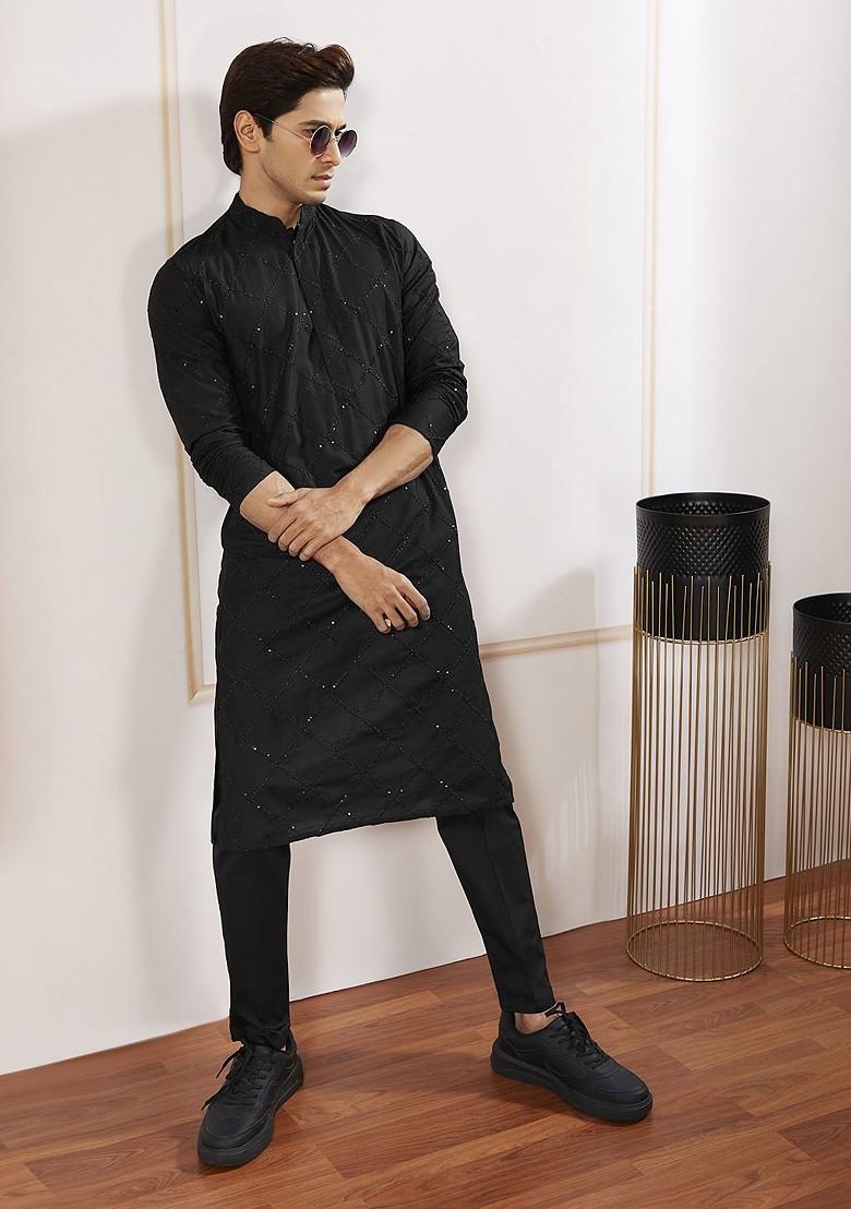 Black Embroidered Poly Blend Kurta Set For Men
