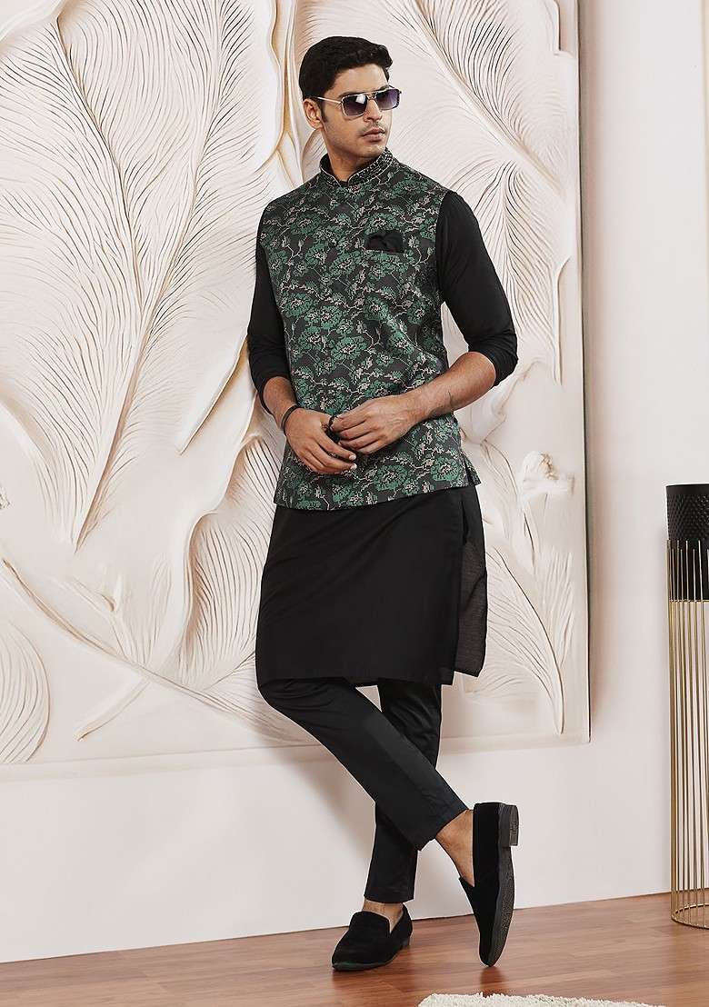 Black Floral Print Poly Blend Kurta Set For Men - Indya