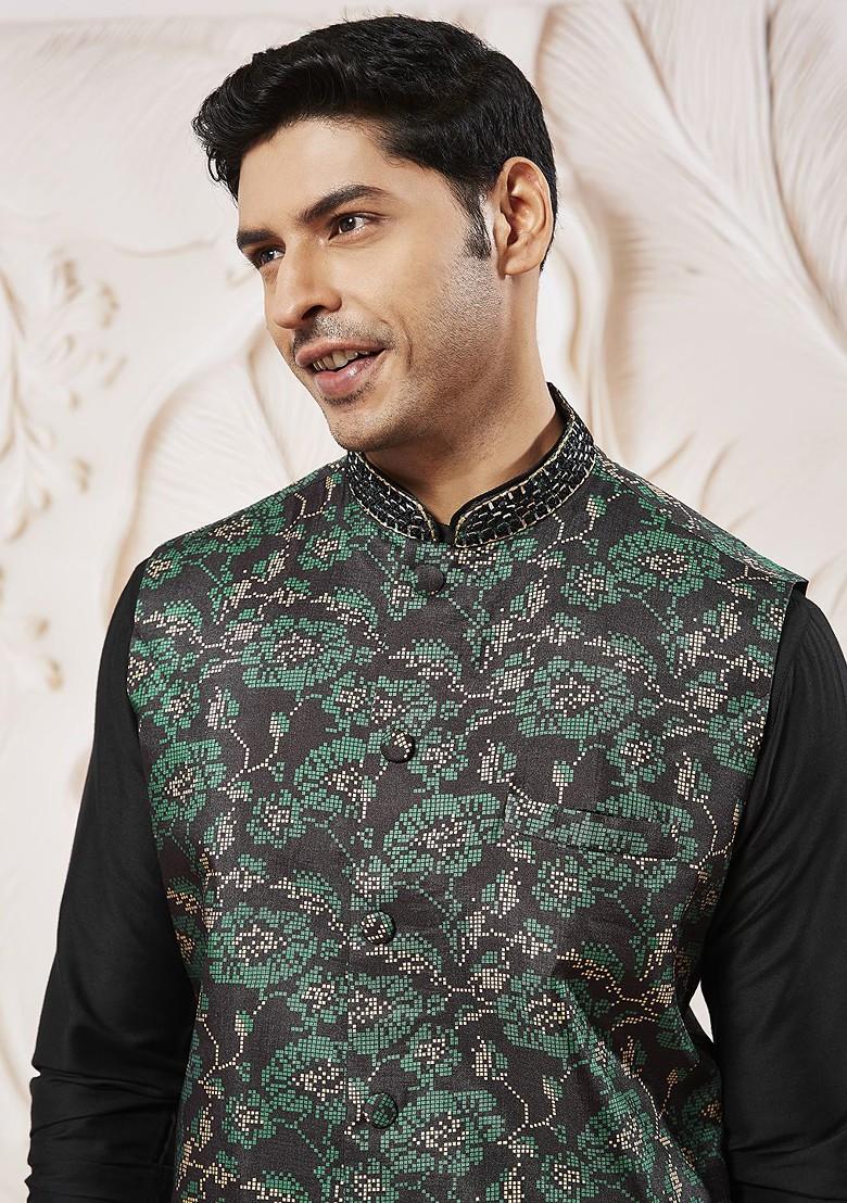Black Floral Print Poly Blend Kurta Set For Men