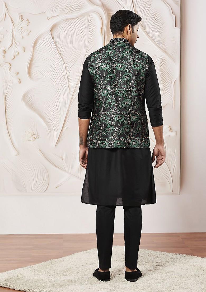 Black Floral Print Poly Blend Kurta Set For Men