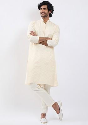 Cream Thread Work Poly Blend Kurta Set For Men