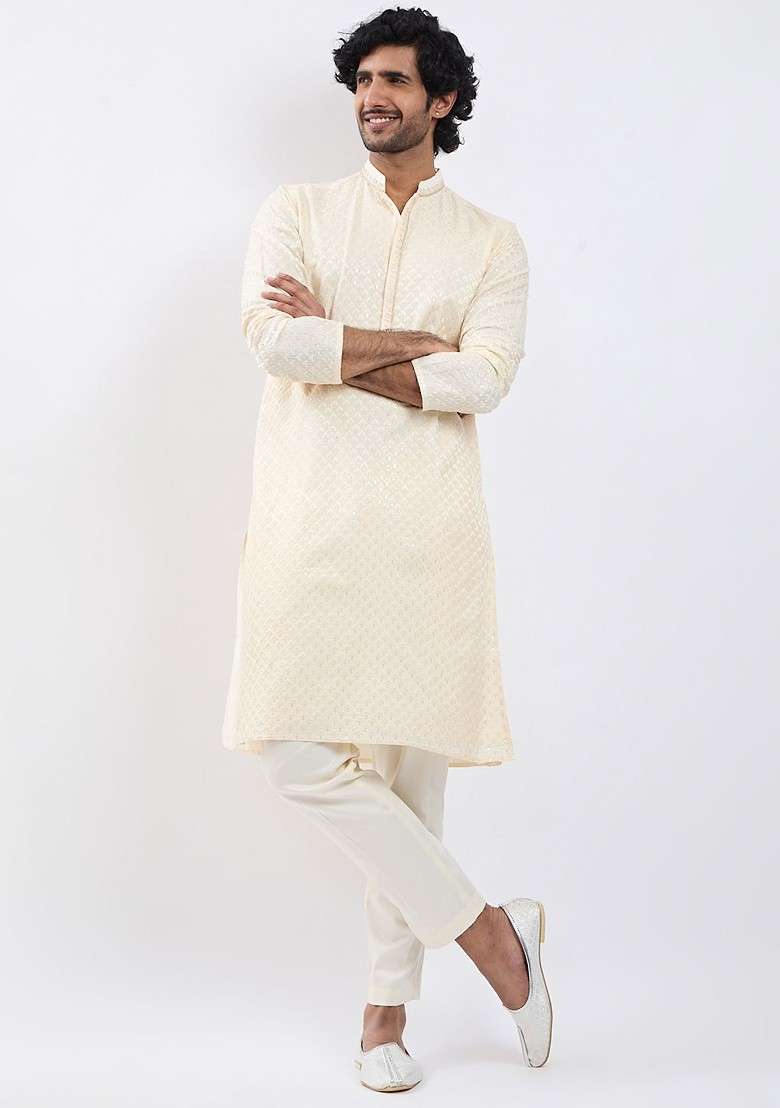 Cream Thread Work Poly Blend Kurta Set For Men - Indya