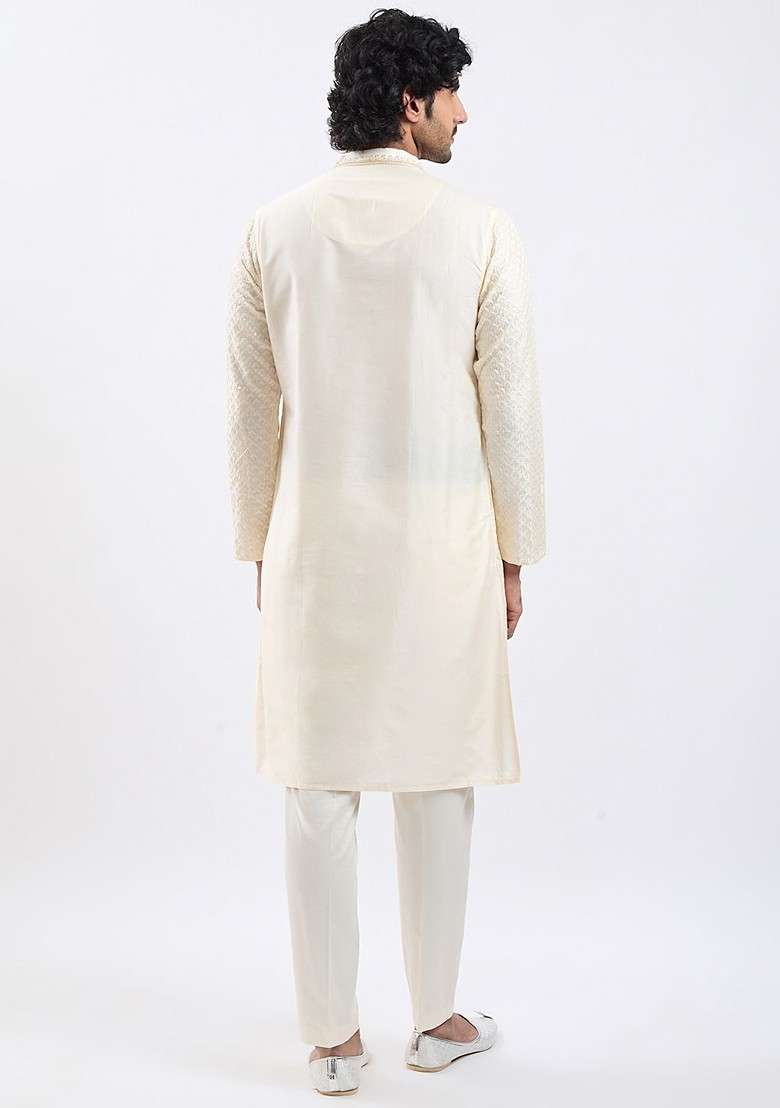 Cream Thread Work Poly Blend Kurta Set For Men - Indya