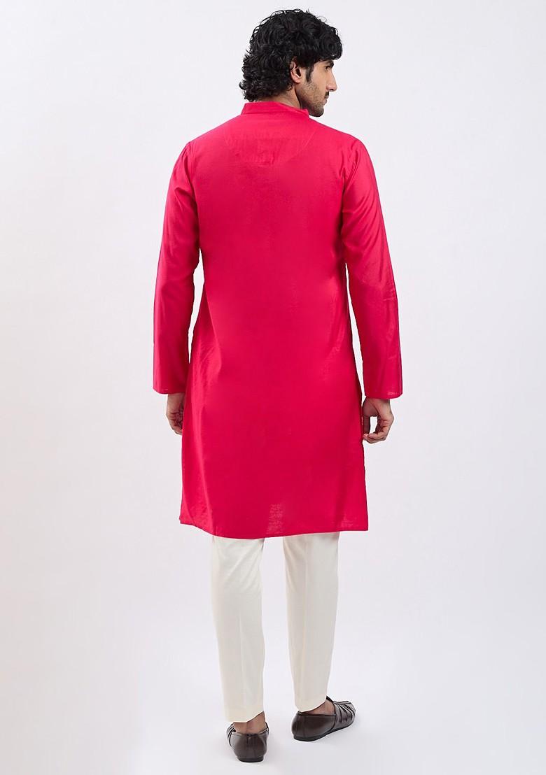Fuchsia Pink Solid Poly Blend Kurta Set For Men