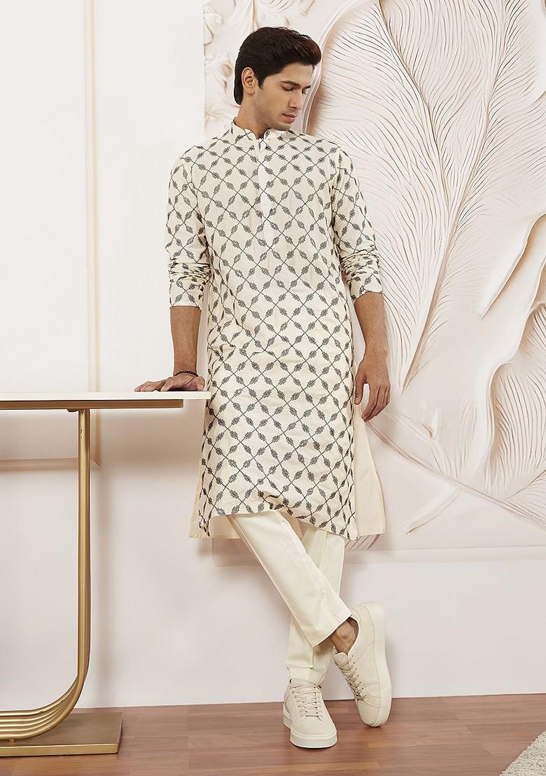 Cream Embroidered Poly Blend Kurta Set For Men