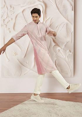 Pink Embroidered Poly Blend Kurta Set For Men