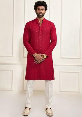 Maroon Floral Print Poly Blend Kurta Set For Men