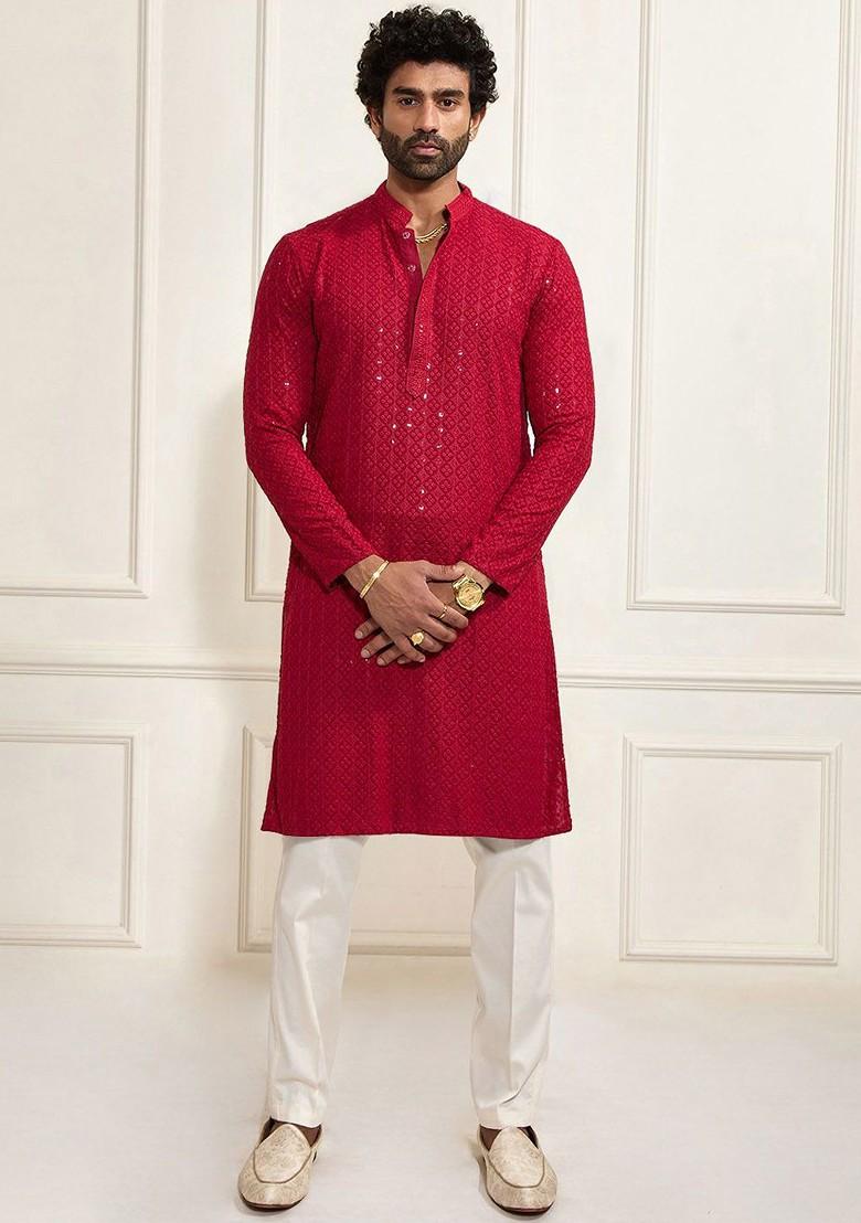 Maroon Floral Print Poly Blend Kurta Set For Men