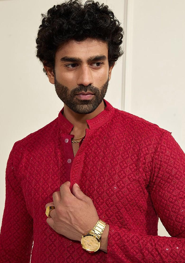 Maroon Floral Print Poly Blend Kurta Set For Men