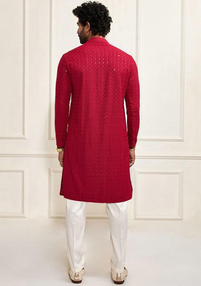 Maroon Floral Print Poly Blend Kurta Set For Men