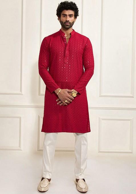 Maroon Floral Print Poly Blend Kurta Set For Men