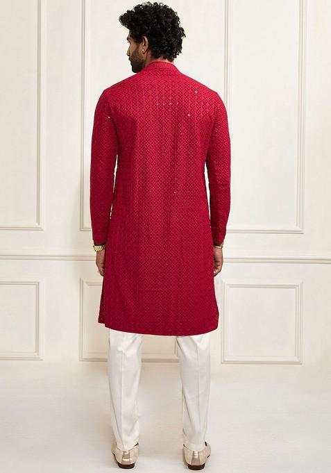 Maroon Floral Print Poly Blend Kurta Set For Men