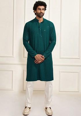Green Floral Print Poly Blend Kurta Set For Men