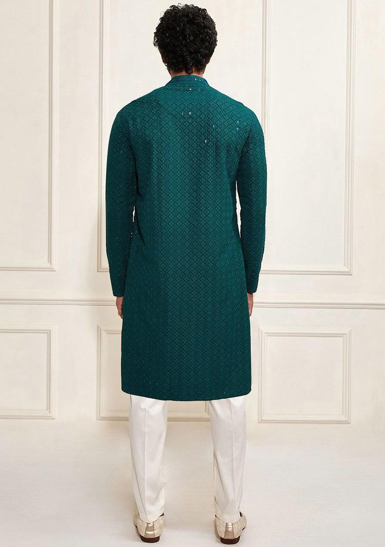 Green Floral Print Poly Blend Kurta Set For Men