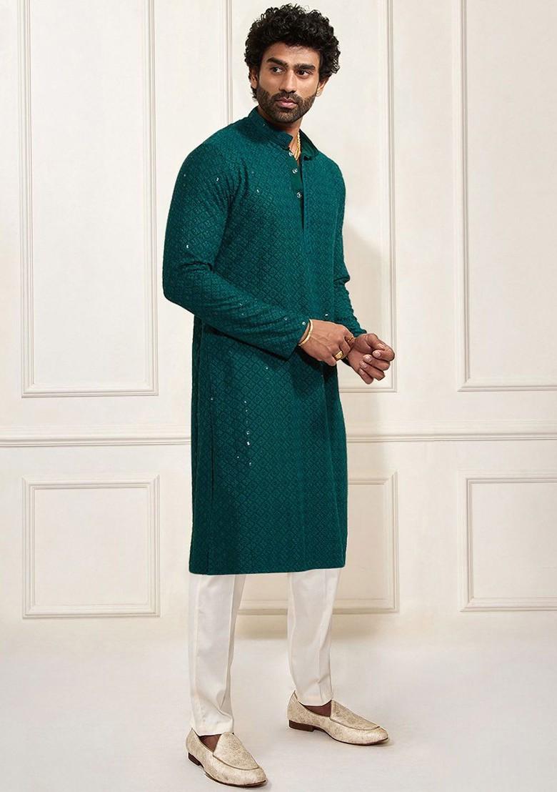 Green Floral Print Poly Blend Kurta Set For Men