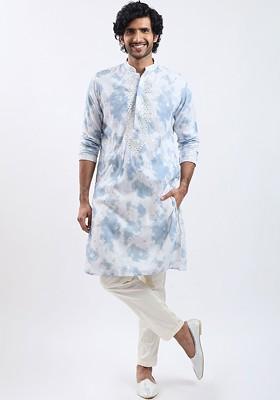 Grey Embroidered Poly Blend Kurta Set For Men