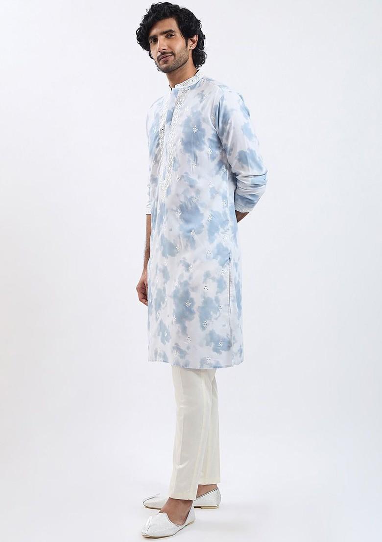 Grey Embroidered Poly Blend Kurta Set For Men