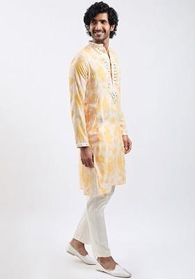 Yellow Floral Print Poly Blend Kurta Set For Men