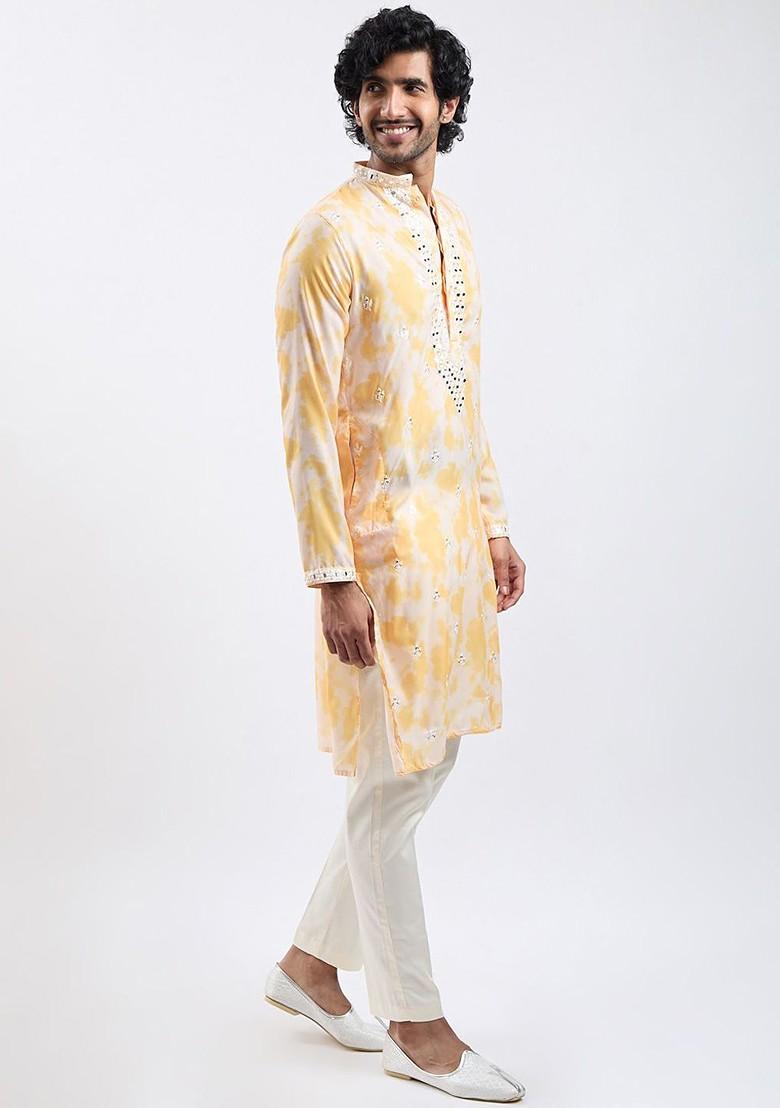 Yellow Floral Print Poly Blend Kurta Set For Men
